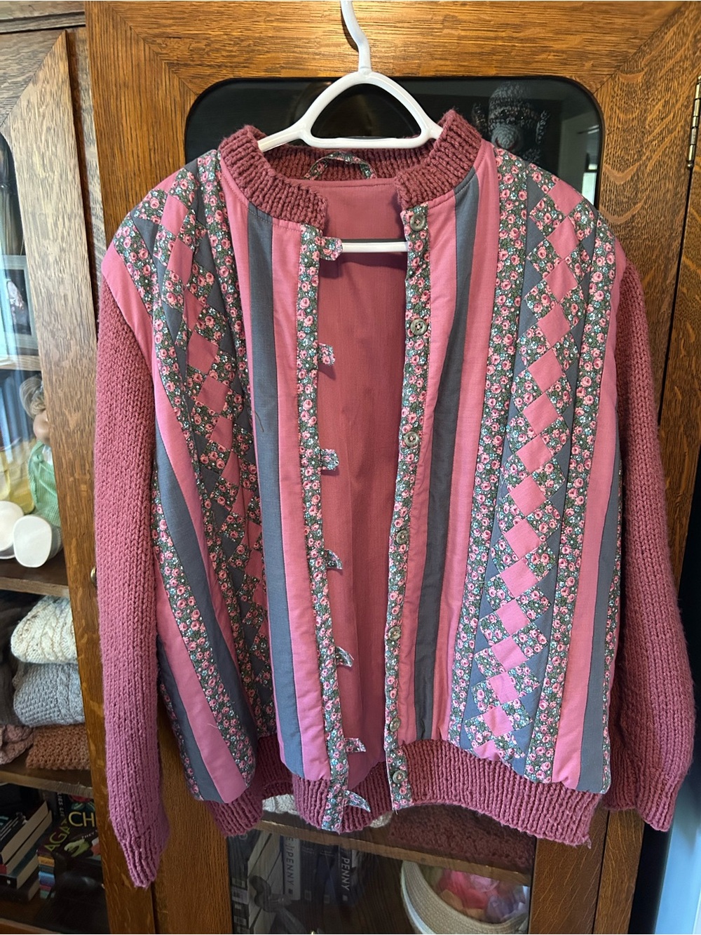Handmade Quilt an Knit Mix Jacket in Pink and Gray\Blue, Women’s